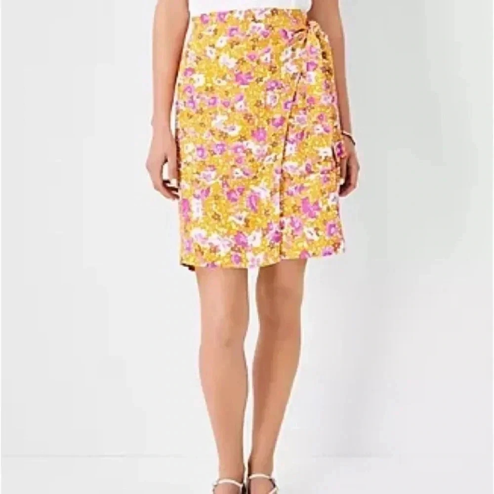 Ann Taylor Yellow Pink Floral Lined Wrap A-Line Skirt Size 00 XXS NWT
